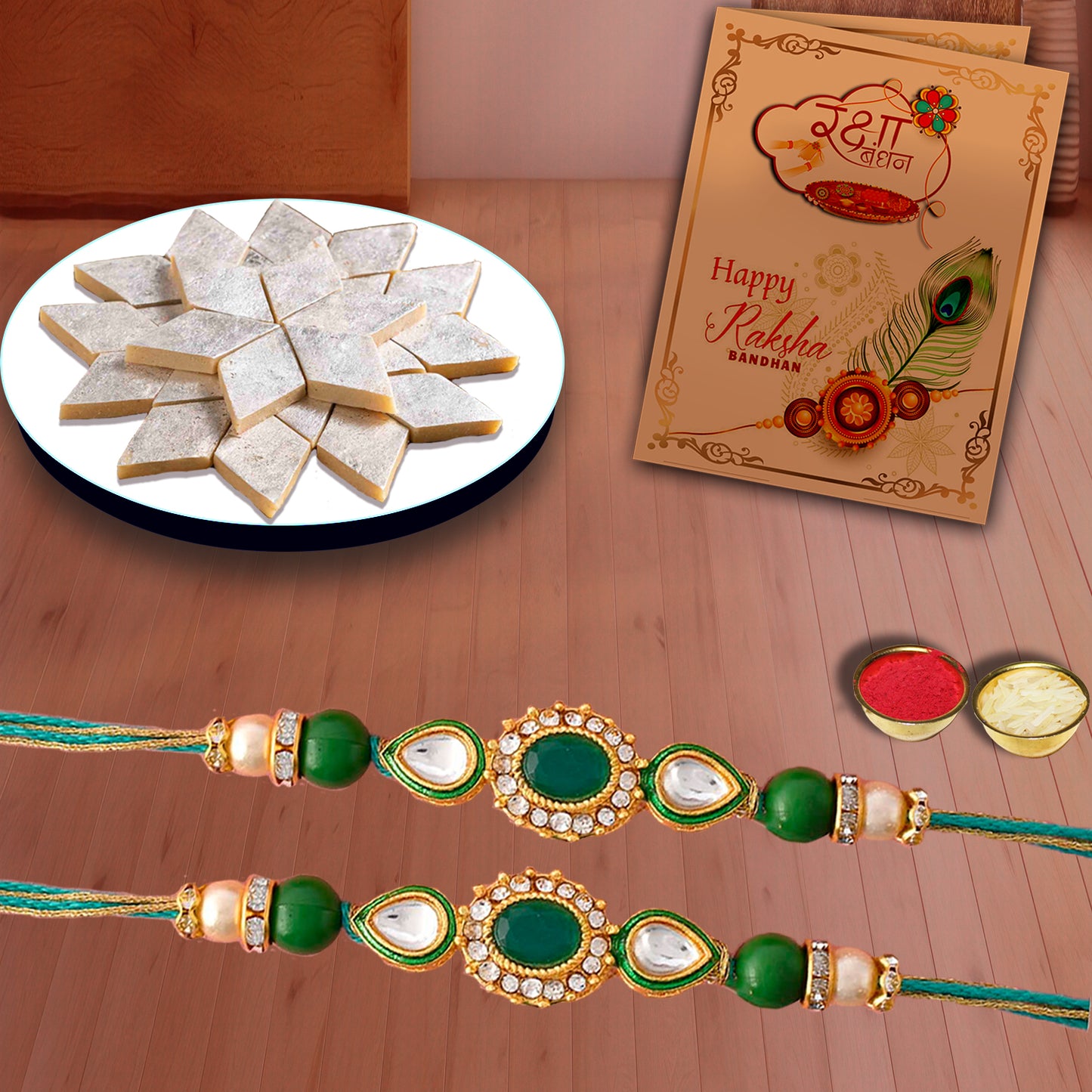 AWANI TRENDS GREEN KUNDHAN RAKHI WITH KAJU KATLI