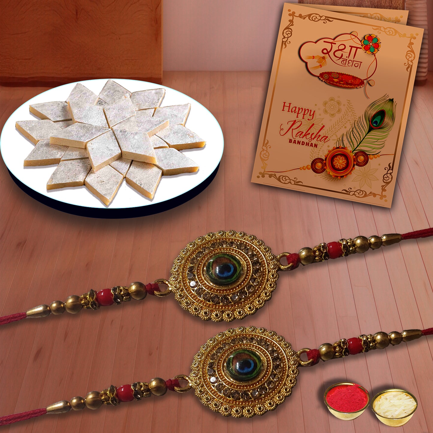AWANI TRENDS BLUE KUNDHAN RAKHI WITH KAJU KATLI HAMPER