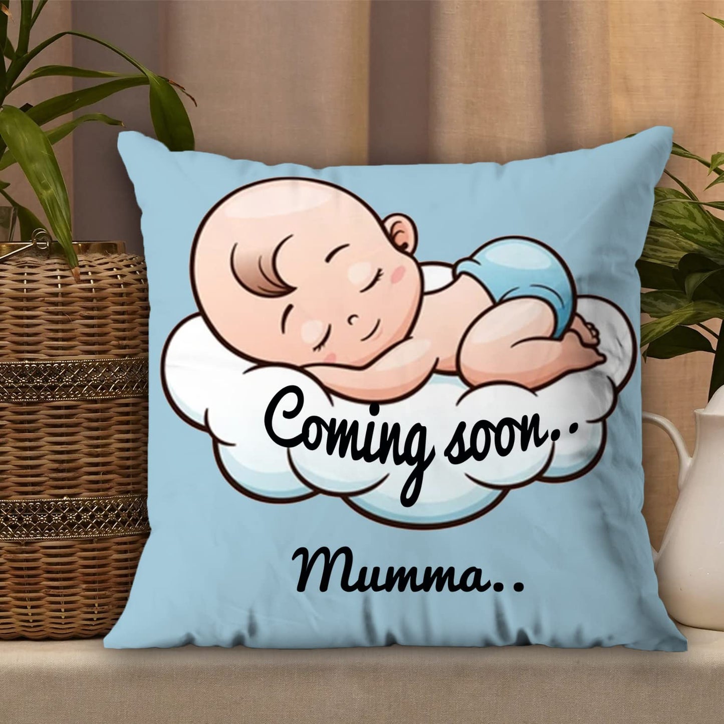AWANI Trends Satin Coming Soon Mumma Pregnant Gift for Wife Women Sister Pregnancy Gift for Baby Shower Printed Cushion Cover(12 X 12 Inch) with Filler