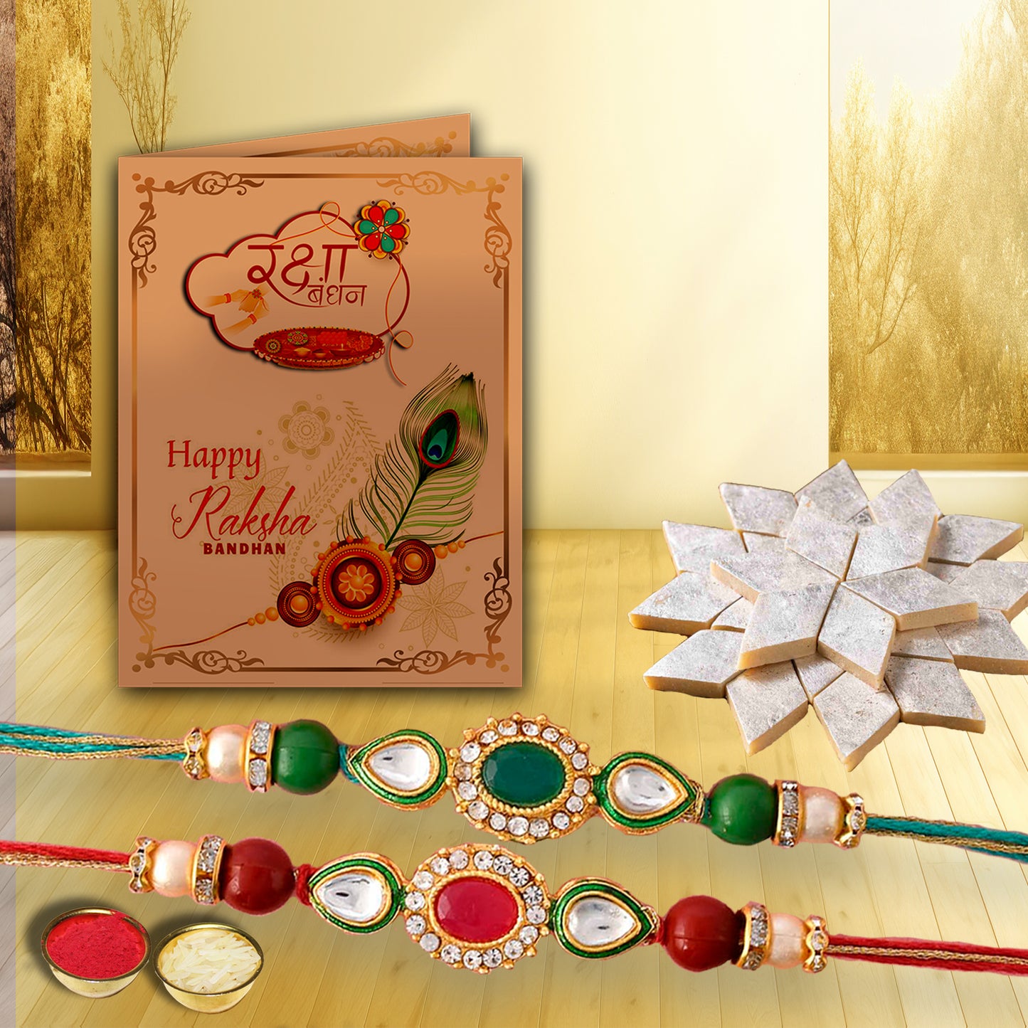 AWANI TRENDS KUNDHAN RAKHI WITH KAJU KATLI