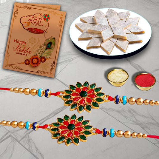 AWANI TRENDS RED GREEN KUNDHAN RAKHI WITH KAJU KATLI HAMPER